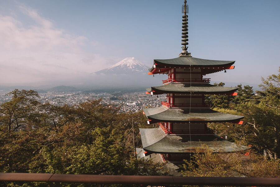 The iconic Chureito Pagoda with the beautiful Mt. Fuji in the background.