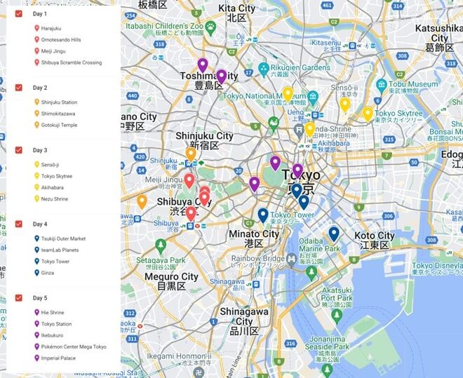 Tokyo Itinerary Map