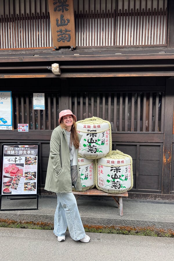 Barrels of sake in front of a sake brewery in Takayama