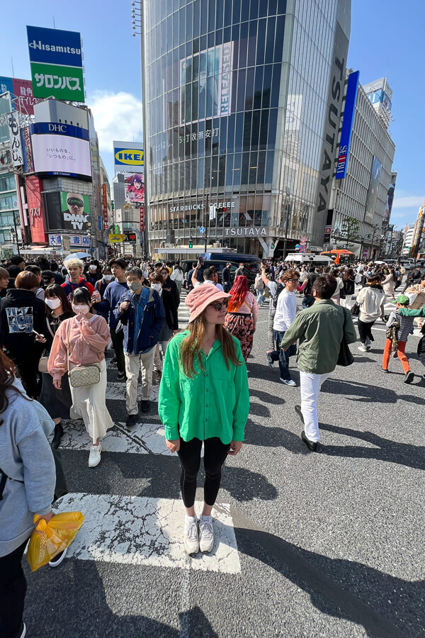 The world-famous Shibuya Scramble Crossing full of people walking across the street
